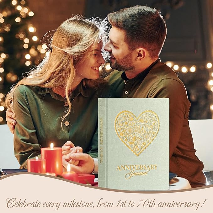 Lanpn Wedding Anniversary Journal Book, Linen Dating 1st to 70th Couple Memory Book Wedding Scrapbook, 190 Pages Love Stories Notebook Newlywed Marriage Anniversary Bridal Shower Gift, Sage Green
