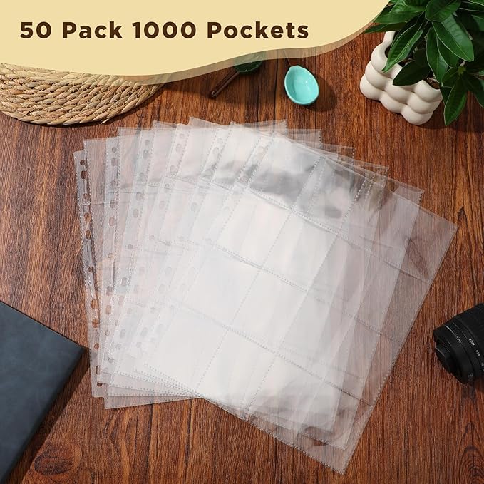 50 Pack Clear Photo Slide Pages, Holds 20 35mm Slides Per Page for 3-Ring Binder, 1000 Pocket 2x2 Inch Top Loading Archival Sleeves