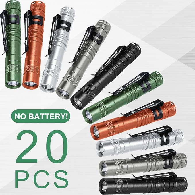 Hortsun 20 Pcs Mini Pen Light Flashlights Christmas Gifts for Men Pocket Flashlights Pen with Clip Small LED Handheld Slim Torches Without Battery(3.54 Inch,Black, Green, Brown, Silver White, Gray)