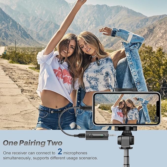 2 Pack Wireless Mini Lavalier Lapel Microphone for iPhone,Android Device(4 in 1) - 65ft Cordless Clip on Dual Mics with Noise Reduction 6H Working Time for Video Recording Vlogging, YouTube, Interview