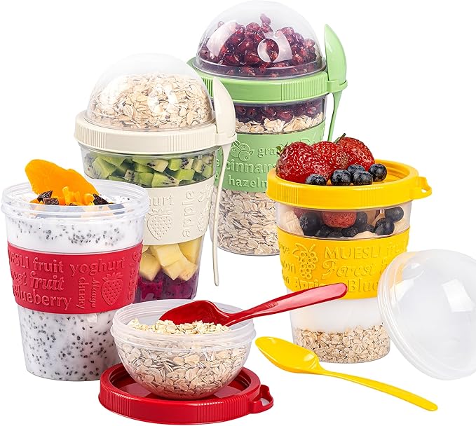 Crystalia 4 Pack 20 oz On The Go Yogurt Parfait Cups with Lids & Spoons, Overnight Oats Containers/Jars, Oatmeal Container to Go with Topping for Cereal, Milk, Yogurt, and Fruit Salad Storage (Large)