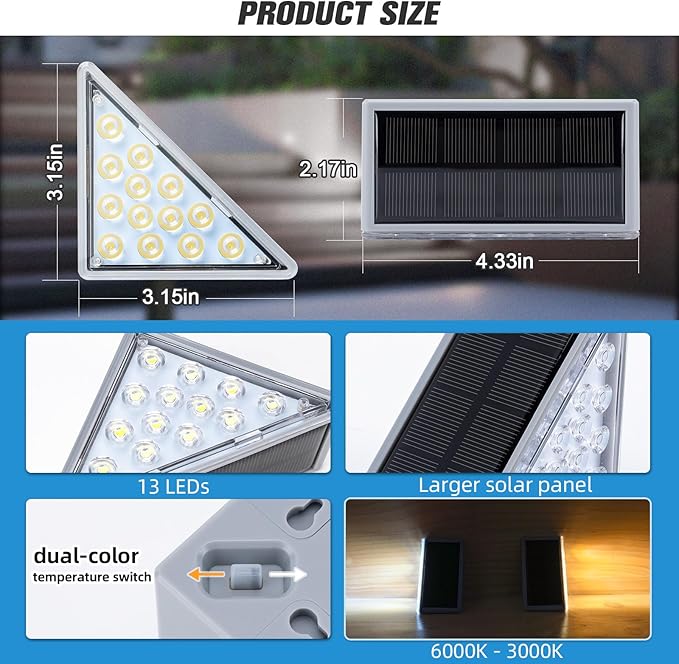NIORSUN Solar Step Lights 8 Pack - Outdoor Stair Lights with 3000K Warm White & 6000K Cool Daylight, IP67 Waterproof, Auto On/Off, Super Bright for Deck, Patio, Steps