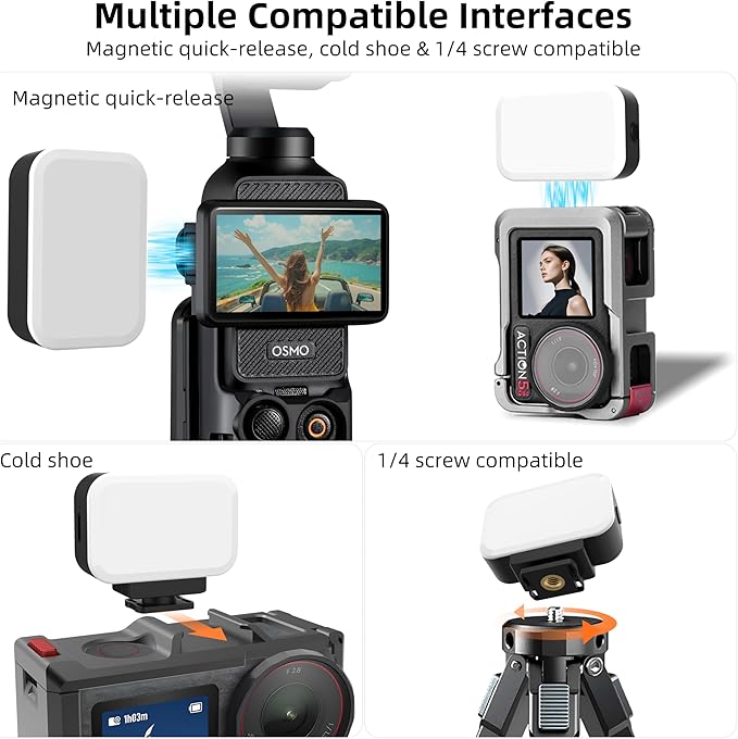 Magnetic Mini LED Light for DJI Osmo Pocket 3, Action Cameras Rechargeable Mini Video Fill Light, Cold Shoe with 1/4" Threaded, 3 Colors, 2 Brightness Levels, 400mAh, for Selfie, Vlog, Video Recording