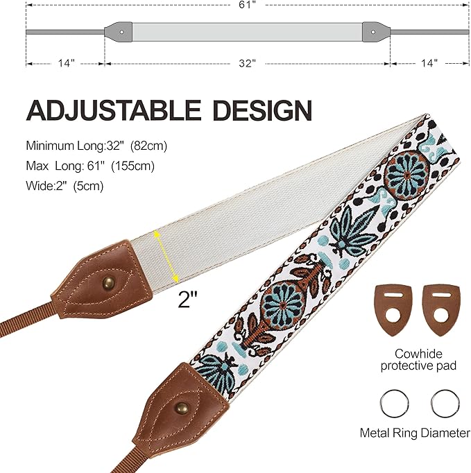 Padwa Lifestyle Camera Strap - 2" Wide Classic Vintage Crazy Horse Arts Cowhide Head Cotton Embroidered Universal Neck Shoulder & Crossbody Camera Straps for Photographers Gift and All DSLR Cameras
