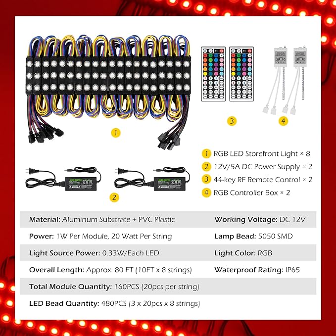 Dyna-Living 80FT LED Strip Lights for Store Front RGB LED Window Light for Business 160PCS 3-LED 5050 SMD RGB Module IP65 Waterproof Commercial Storefront Light for Store Decor (8 Packs-Black)