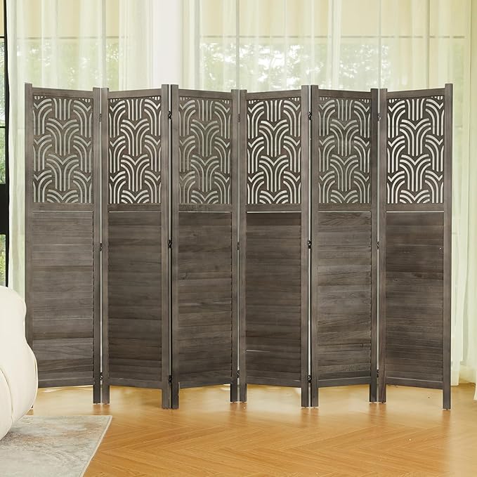 Folding Room Divider, 66.9 Inch 6 Panels Wood Carved Privacy Screens, Free Assembled Freestanding Portable Separation Wall for Home Office Restaurant Bedroom (Gray)