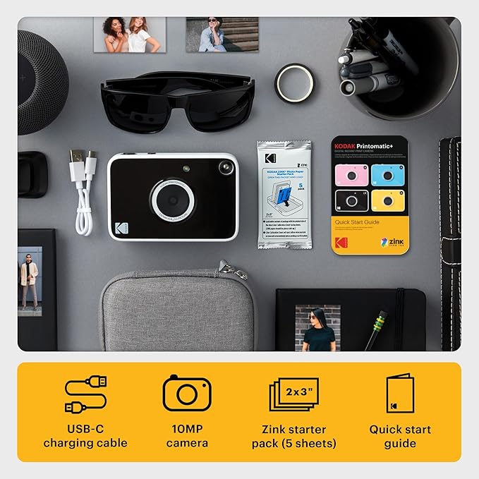 Kodak Printomatic+ Instant Print Digital Camera (Black) 10MP Portable Camera with Interactive RGB LED Status Indicator, Prints Full-Color Photos on Zink 2x3” Sticky-Backed Photo Paper - Easy & Fun