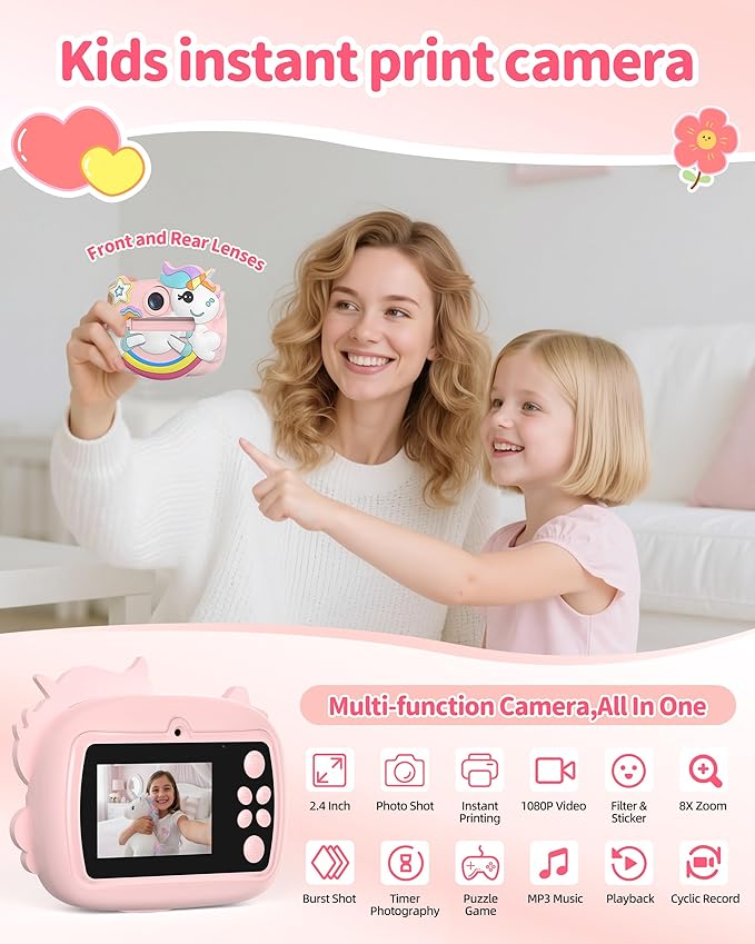 Kids Camera Instant Print, 1080P Digital Camera for Kids with 32GB SD Card, Toddler Girl Toys Birthday Festival Gifts for 3 4 5 6 7 8 9 10 Year Old Girls, Portable Travel Toys for Girls Age 3-10