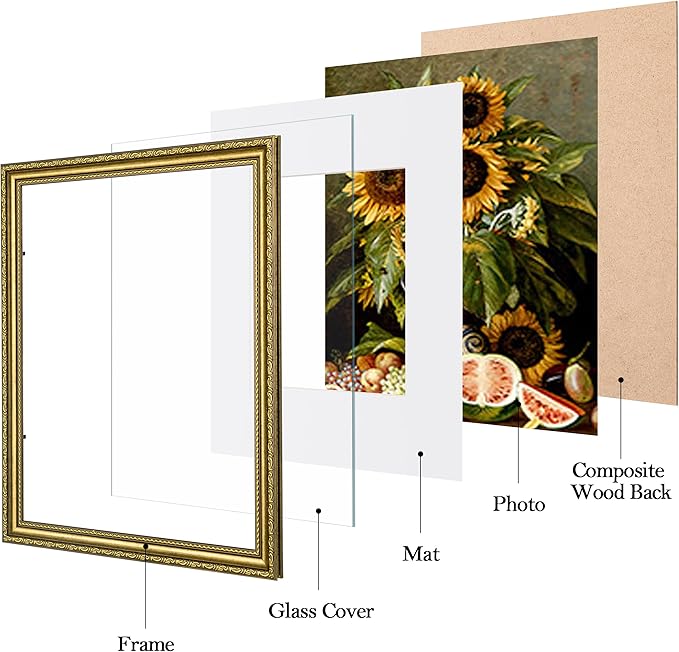 eletecpro 11x14 Picture Frames Set of 4, Vintage Photo Frame with Glass Cover, Gold Frames 11 x 14 Display 8x10 Photo with Mat or 11x14 without Mat for Tabletop or Wall Decor, Gold