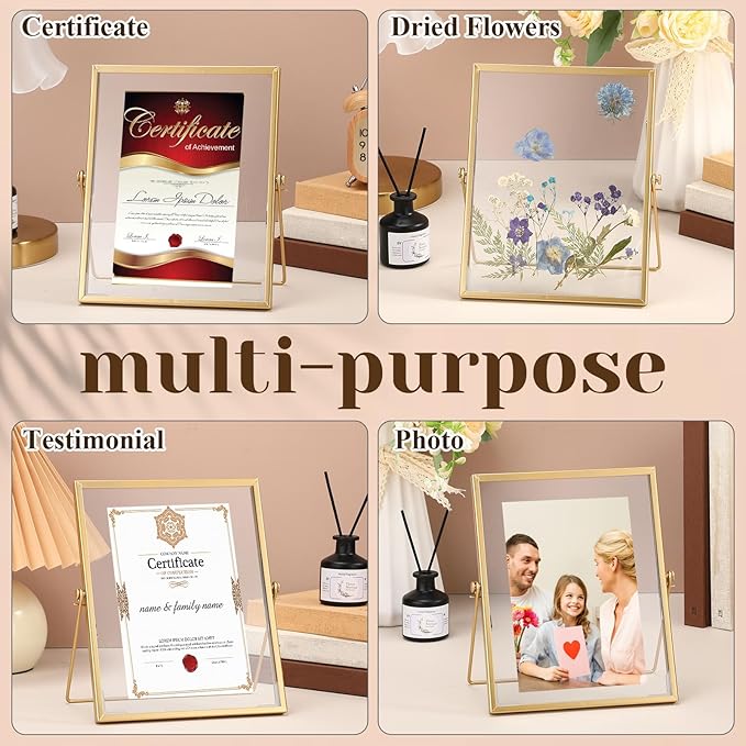 Hoteam 12 Pack 7 x 9 Inch Gold Floating Frame for Photo 5 x 7 Inch, Glass Floating Picture Frame Collection Vintage Metal Minimal Ornate Easel for Wedding Gift Pictures Photos Desk Tabletop Display