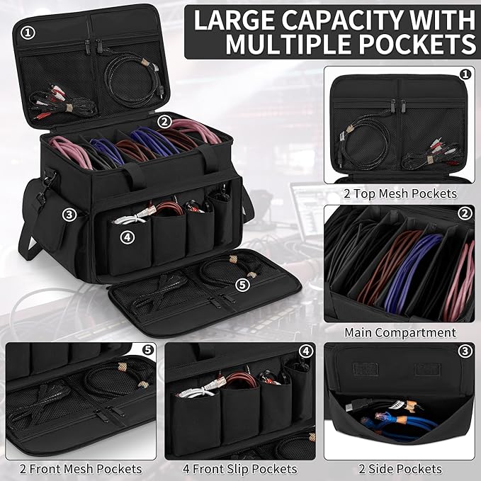 DJ Cable File Bag with 6 Detachable Dividers High Capacity Gig Cable Bag for Cords,DJ Gear,Sound Instrument and Accessories, Black