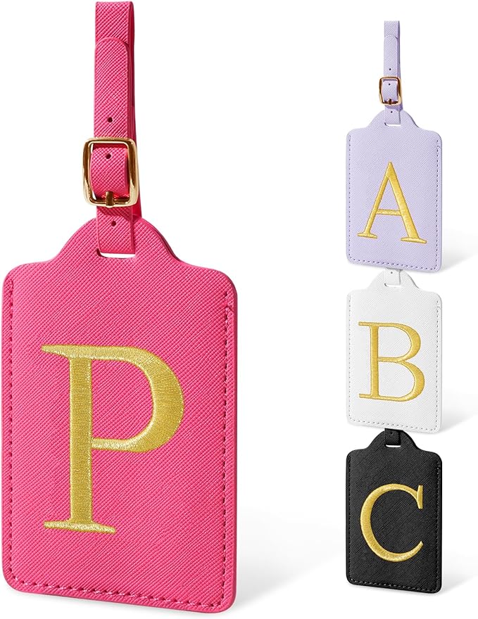 Initial Letter Luggage Tags for Suitcases, Personalized Embroidered Letter Luggage Bag Suitcase Identifier Name Tag, Cute PU Leather Travel Luggage Tags, Bag Tags for Luggage Handbags(Rosered P)