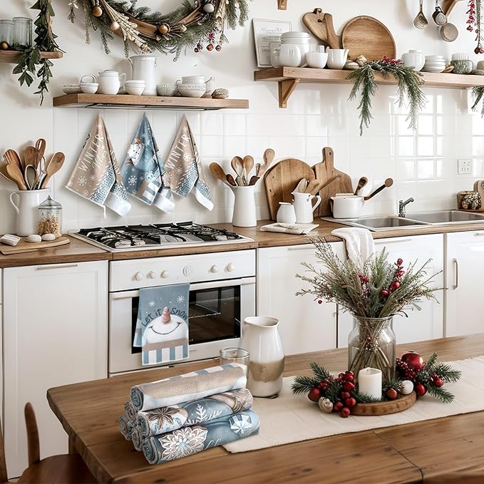 Preboun 6 Pcs Winter Snowman Kitchen Towels Christmas Snowman Cocoa Hand Towels Hello Winter Dish Cloth Decorative Farmhouse Xmas Tea Cloth Absorbent for Holiday Kitchen Bathroom Decor