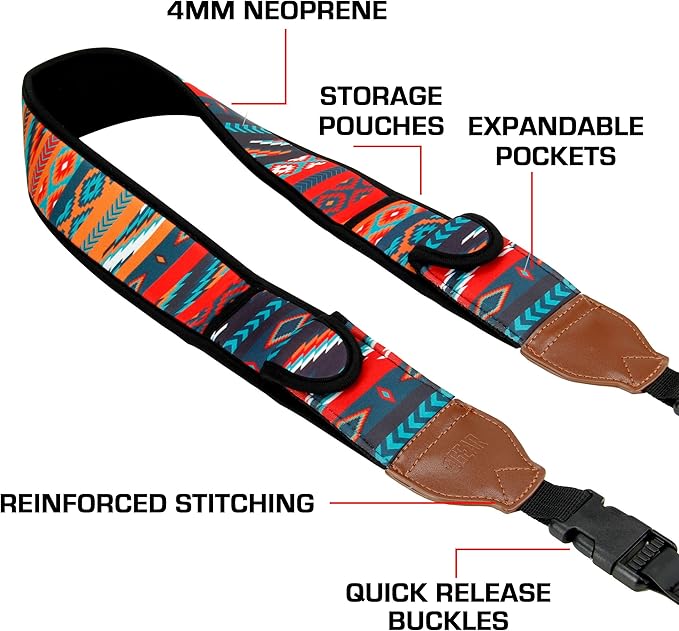 USA Gear TrueSHOT Camera Strap Neoprene Camera Straps - Padded Neck Strap, Pockets, and Quick Release Buckles - Compatible with Canon, Nikon, Sony and More DSLR and Mirrorless Cameras (Southwest)