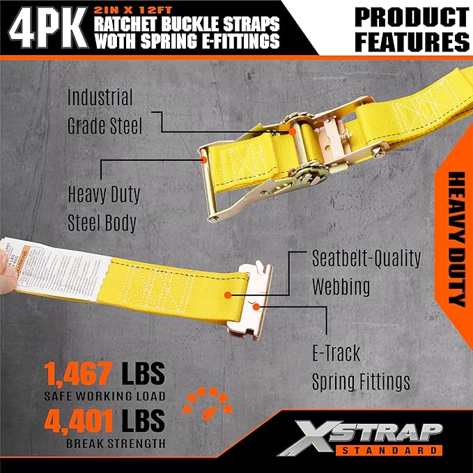XSTRAP STANDARD 4-Pack E-Track Ratchet Straps 2" x 12' - 4,400 lbs Heavy Duty Cargo Tie Downs for Trailers, Trucks, Vans & Motorcycle Securing with Spring Fittings (Yellow)