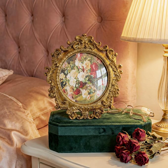 Cuspin Vintage Round Gold Picture Frame 4x4 Inch, Ornate Floral Resin Photo Frame with HD Glass, Antique Style Small Picture Frame for Tabletop or Wall Display, Retro Decorative Frame for Home Decor