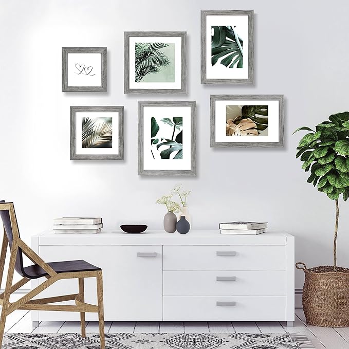 12x12 Picture Frame Set of 4 - Made of Glass and Grey Wooden Frame, Display Square Pictures 10x10 with Mat or 12 x 12 without Mat, Desktop & Wall Collage Photo Frame