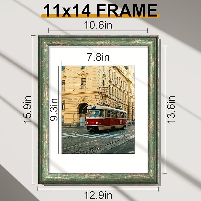 Vittanly 11x14 Picture Frames Set of 2, Ornate Vintage Photo Frame for Wall or Tabletop, Display 8x10 Pictures with Mat or 11x14 without Mat, Rustic Green