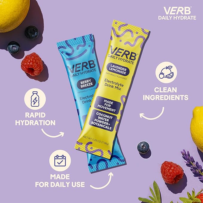 Verb Daily Hydrate Sugar Free Electrolyte Drink Mix - Berry Breeze, Zero Sugar Instant Hydration Packets for Daily Use, Essential Electrolytes Powder for Rehydration, Dehydration Relief, 12 Pack