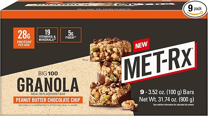 MET-Rx Big 100 Granola Protein Bar, Meal Replacement Bar, 32G Protein,Peanut Butter Chocolate Chip, Pack of 9