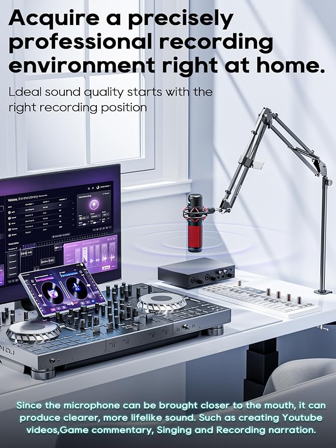 Boom Arm, 360° Rotatable Microphone Stand with Desk Mount, Foldable Desk Mic Arm with 3/8'' to 5/8'' Screw Adapter, Microphone Arm for Live Streaming, Gaming, Podcasting