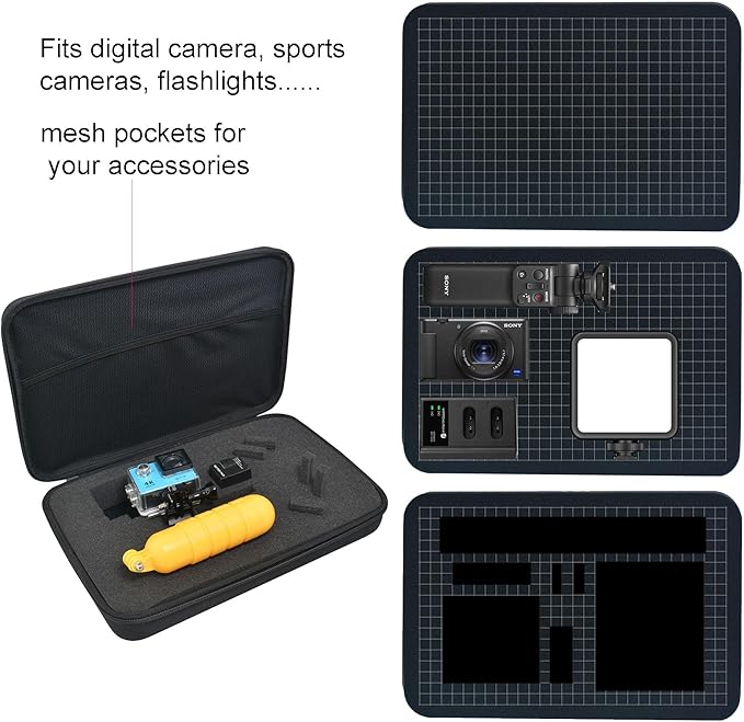 Large Carrying Case with Customizable Foam Protective Storage Case for Sports Camera SJCAM Monopole Accessories Yi 4K LCD SD Cards Batteries Feiyu Gimbal Digital Camera Case
