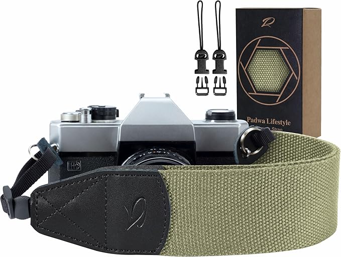 Padwa Lifestyle Light Green Camera Strap - 2" Wide Cotton Woven Genuine Leather Head Camera Straps,Complimentary 2 Pcs Quick Release Clips for All DSLR/SLR Cameras, Binoculars and Drone Remote Control