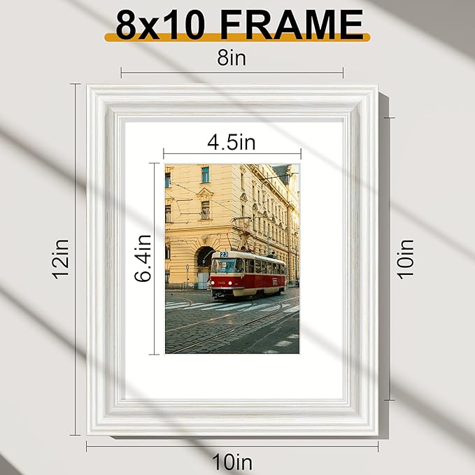 Vittanly 8x10 Picture Frames Set of 2, Ornate Vintage Photo Frame for Wall or Tabletop, Display 5x7 Pictures with Mat or 8x10 without Mat, Rustic White