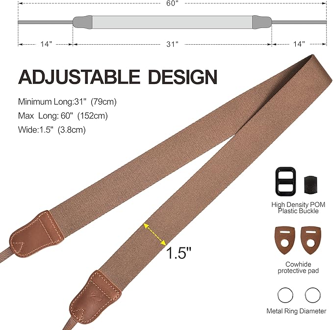 Padwa Lifestyle Brown Camera Strap - Double Layer Crazy Horse Cowhide End,1.5" Wide Pure Cotton Woven Camera Straps,Adjustable Neck Shoulder Strap for All DSLR Cameras,Gift for Photographers