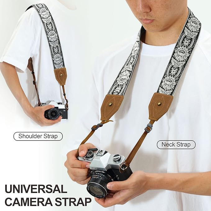 Padwa Lifestyle 2" Wide Classic Crazy Horse Art Cowhide Head Camera Strap - Jacquard Embroidery Floral Vintage Camera Straps for Photographers Gift, Adjustable Shoulder Neck Strap Fits DSLR Cameras