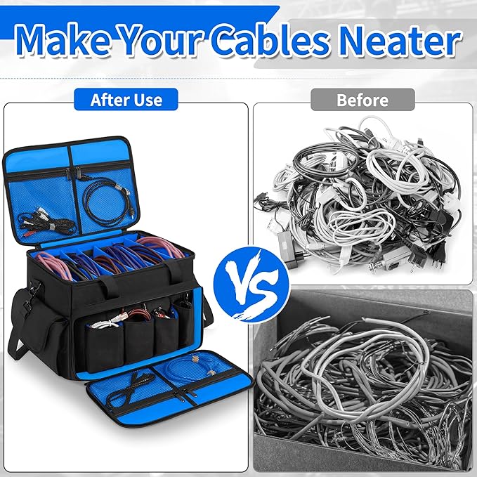 DJ Cable File Bag with 6 Detachable Dividers High Capacity Gig Cable Bag for Cords,DJ Gear,Sound Instrument and Accessories, Blue