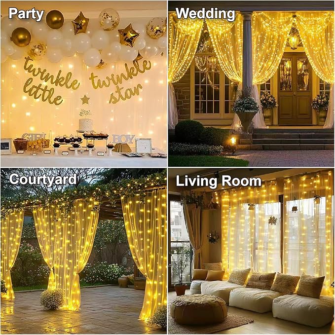 HXWEIYE 300LED Fairy Curtain Lights, 9.8x9.8Ft USB Plug-in 8 Modes Christmas String Hanging Lights with Remote for Bedroom Backdrop Wedding Indoor Wall Decor, Warm White, Standard – 2 Pack