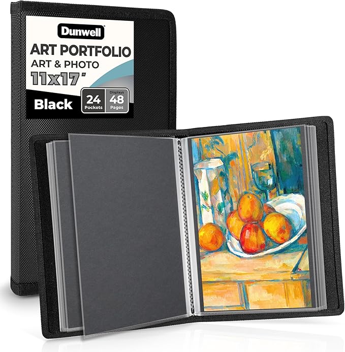 Dunwell 11x17 Art Portfolio Binder with Black Mounting Paper (Black), Large Portfolio Folder for Artwork Storage, 24 Clear Plastic Sleeves, Displays 48 Pages, Acid-Free 11 x 17 Presentation Book