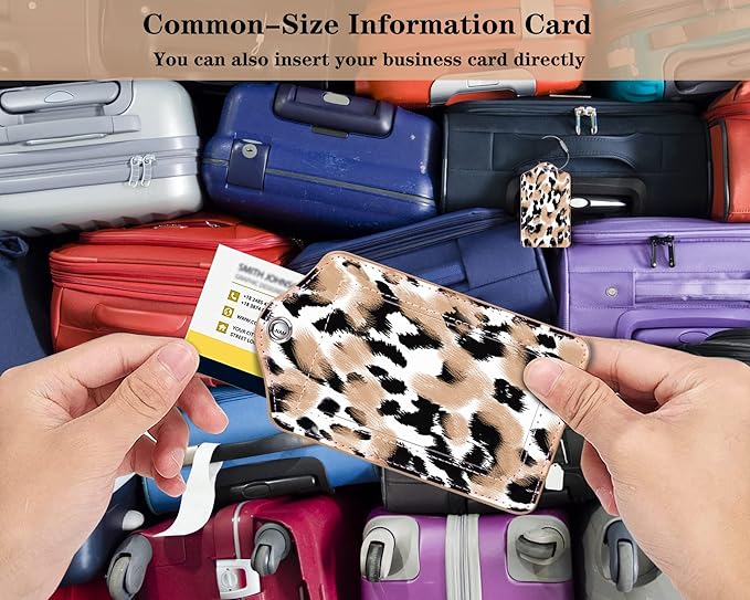 (Set of 2) Luggage Tag Leather Privacy Cover ID Label Address Card with Stainless Steel Loop, Travel Bag Tags Suitcase Labels, Leopard