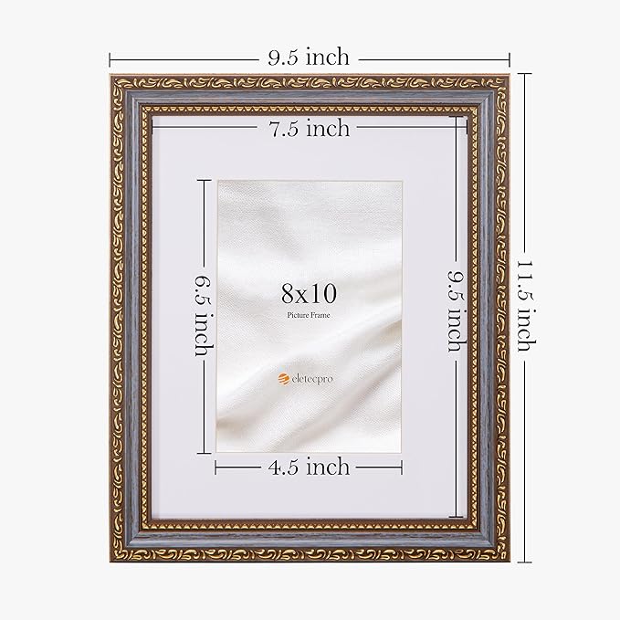 eletecpro 8x10 Picture Frames Set of 4, Vintage Frame with Glass Cover, Rustic 8 x 10 Photo Frames Display 5x7 Photo with Mat or 8x10 without Mat for Tabletop or Wall Decor, Blue Gold