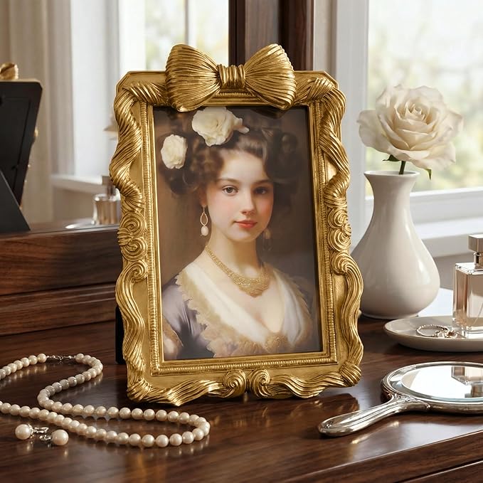 Cuspin 4x6 Picture Frame Gold Bow Frames, Vintage 4 by 6 Photo Frame with Bowknot Design, Ornate Handcrafted Resin Antique Frame with Glass Front for Wall and Tabletop Display, Home Decor, Gift Ideas