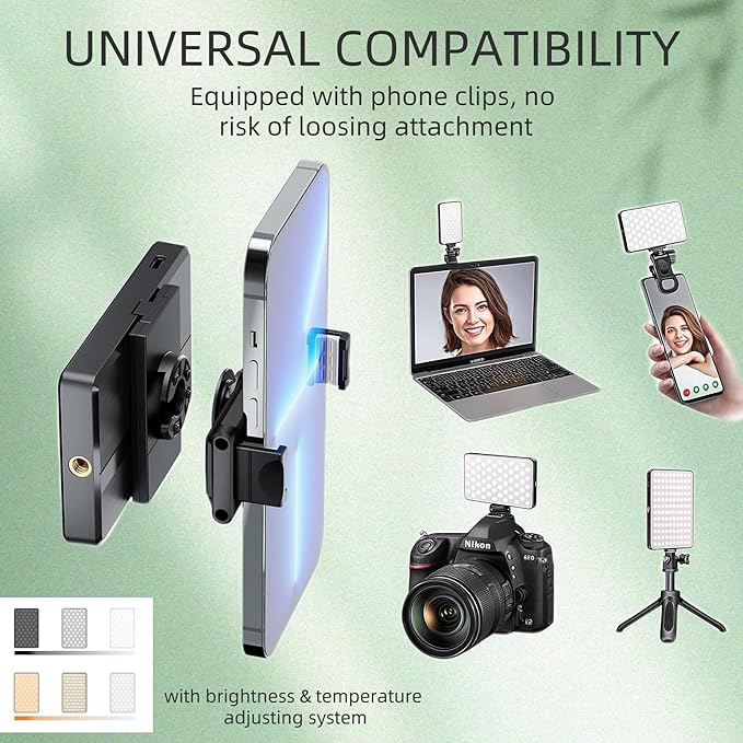 Clip-on Selfie Phone Light Video Recording – 120 Rechargeable CCT LEDs with 6 Color Filters, Light Diffuser, Clip Mount, Hot Shoe - for Phone, DSLR, Laptop, Zoom and Streaming