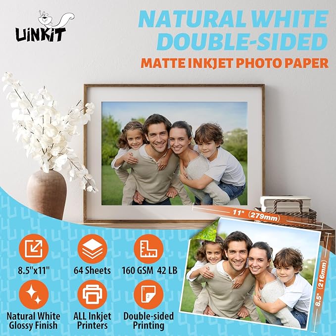 Uinkit Bright White Double Sided Matte Photo Paper - 8.5x11 Letter Size 160gsm (44lb), 64 Sheets Instant Dry Dye Inkjet Paper, Smudge Resistant Professional Printing for Home Office DIY