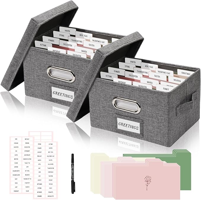 Hiwhy Greeting Card Storage Box, Linen Storage Box with 32 Adjustable Dividers, 168 Labels, 2 Marker Pen, Perfect for Organizing Greeting Cards, Envelopes, Photos 2 Pack Grey