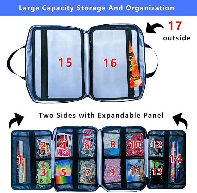 Mi Ya Mi Lai 17-Pocket Board Game Organizer Carry Case - Storage & Travel Case for Games, Cards, Tokens, Dice Accessories.