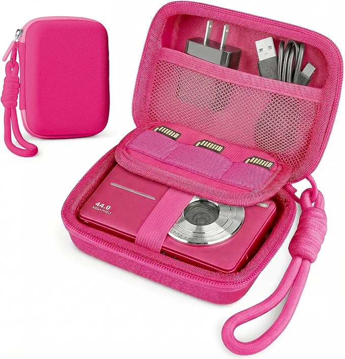 Digital Camera Case for CAMKORY/KODAK PIXPRO FZ45/FZ55/Canon IXUS 285 HS/AbergBest/Sony DSCW800/DSCW830 - Small Travel Compact Camera Holder with Mesh Pocket for SD Card & Accessories (Fuchsia)