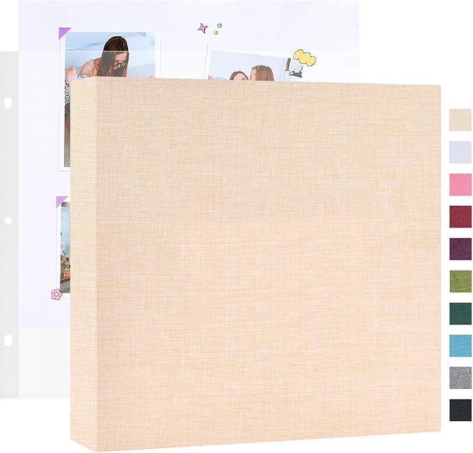Mublalbum 10x10 Inch Large 3 Ring DIY Scrapbook Photo Album with 20 Plastic Sleeves 40 Pages Linen Cover Folder Binder for Baby Travel Wedding Anniversary and DIY Projects (Beige)