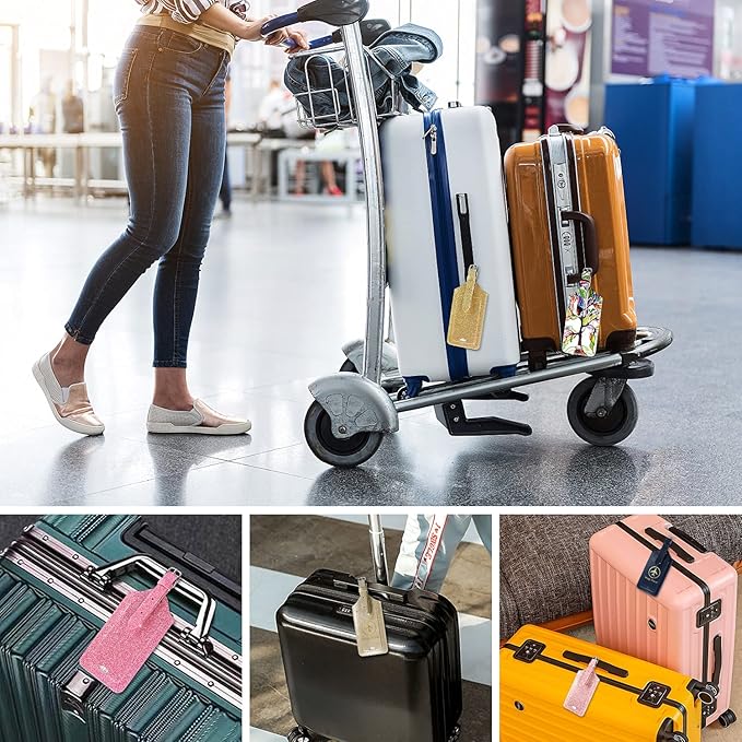 ACdream Luggage Tags 2 Pack, Leather Suitcase Tags Identifiers, Cute Cruise ID Labels with Privacy Cover fits on Backpack, Travel Bag, for Women, Men, Adults, Kids, Glitter Gold