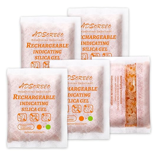 ADSorbco 100 Gram (5 Pack) Silica Gel Packets – Desiccant Packs for Storage, Reusable Moisture Absorbers with Color Change, Orange to Green, for Food, Electronics, Jewelry, Safes