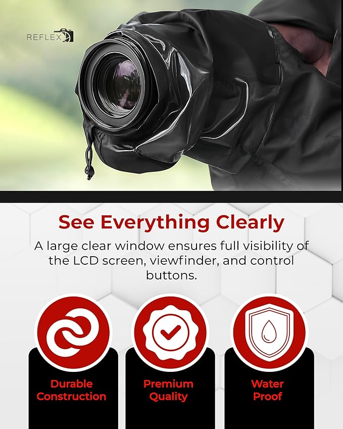 REFLEX CAMERA Universal Protective Waterproof DSLR/SLR Rain Cover with Drawstring Sleeves & Clear Viewing Window for Sony, Canon, Nikon, Panasonic, Lightweight Nylon Protection for All-Weather Outdoor