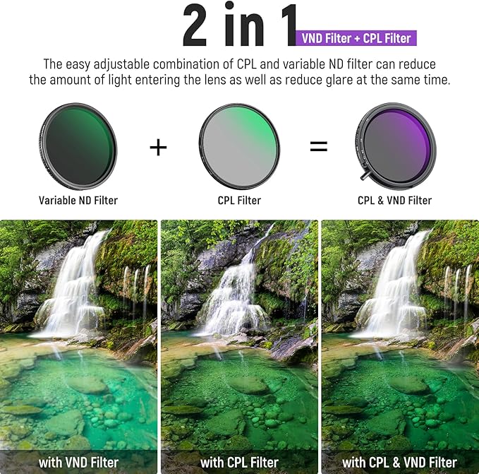 NEEWER 49mm True Colors Variable ND Filter ND2-ND32 & CPL, 2 in 1 Adjustable Neutral Density and Circular Polarizing Filter, Multi Coated HD Optical Glass/Aluminum Frame