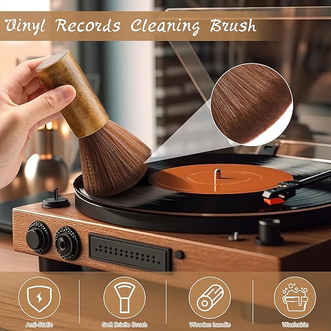 3 Pcs Vinyl Record Cleaning Brush Wooden Anti Static Dust Record Vinyl Cleaner Kit Player Accessories Gift for Music Lovers(Dark Brown)