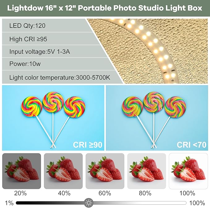 Lightdow 16"x12"x12" Photo Studio Light Box Photography with 120 LEDs (CRI>95), 6 Backdrops - Portable/Dimmable/Versatile Folding Shooting Tents for Toys/Jewelry/Watches/Cosmetics Photography