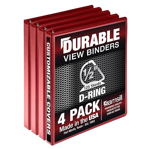 Samsill Durable 0.5 Inch Binder, Made in USA, D Ring Binder, FSC 100% Recycled Chipboard, Red, 4 Pack