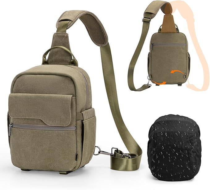 Cwatcun Camera Sling Bag Compact Large Camera Case, Waterproof Canvas Crossbody Camera Bag with Rain Cover, Travel Photography Bag for Canon Nikon Sony Fuji DSLR/SLR/Mirrorless Cameras, Lens, Green